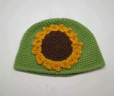 针织手工绿色太阳花女孩钩针帽豆豆花 17 英寸秋季 — 第 1/4 张图片