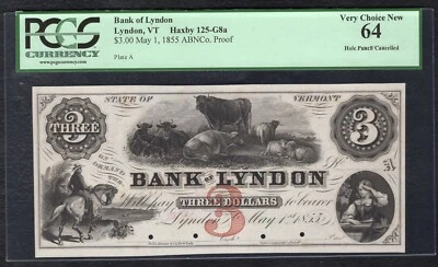 BILLETE DE PRUEBA OBSOLETO DEL BANCO DE LYNDON VERMONT 1855 PCGS SIN CIRCULAR-64 Foto 1 de 2