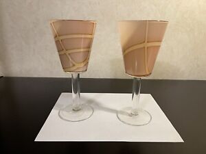 (2) Pier 1 Sand Goblet Mouth Blown Glass  Retired   Browns Swirl Very Nice