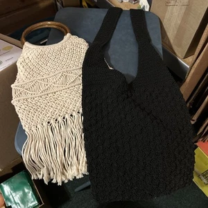 Bolso de mano de cuerda de ganchillo con asas de madera y bolso de mano negro de plástico. ENVÍO GRATIS - Imagen 1 de 7