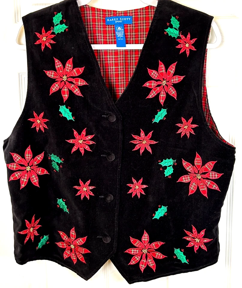 Vtg Velvet Ugly Christmas Vest Womens L Karen Scott Black Embroider Tartan Plaid - Image 1 of 4