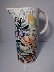 Anthropologie Renee Birds & Blooms Stoneware Pitcher Floral Birds 9.5" Tall - Picture 1 of 8