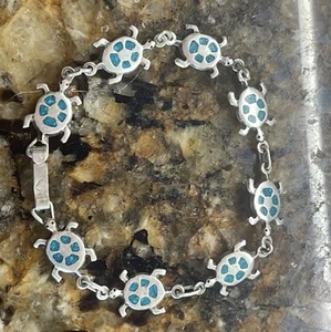 Vintage Sterling Silver Turtle Tortoise Mexico Bracelet Turquoise Inlay Marked! - Picture 1 of 6