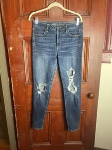 American Eagle Super Stretch X High Rise Blue Jeggings Sz 10 Reg Destroyed - Picture 1 of 6