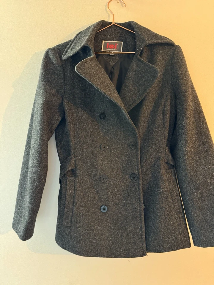 Vintage LEI Junior/ Women’s Gray Wool Double Breasted Pea coat  Medium Y2K - Image 1 of 4