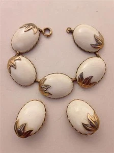 Vintage Coro Goldtone with White Cabochons Bracelet & Clip-on Earring Set - Picture 1 of 5