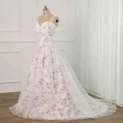 Boho Lace Floral Wedding Dresses Sweetheart Pleats Beading Sequins Bridal Gowns - Image 1 of 4
