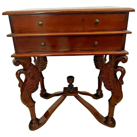 Side Table Gothic style Carved Swan Legs with Ball Claw feet Two drawers Cover