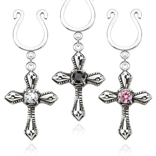 Pair of Cross Dangle with Small CZ Clip On Non Piercing Nipple Rings - Image 1 of 1
