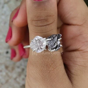 Raw Herkimer Diamond Quartz Sterling Silver Healing Crystal Uncut Gemstone Ring - Picture 1 of 6