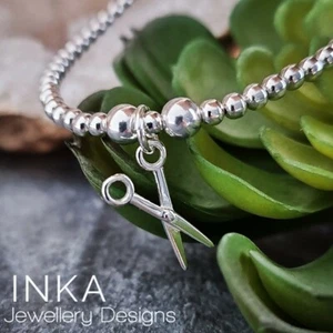 925 Sterling Silver stretch beaded Stacking Bracelet with Scissors charm By INKA - Picture 1 of 7