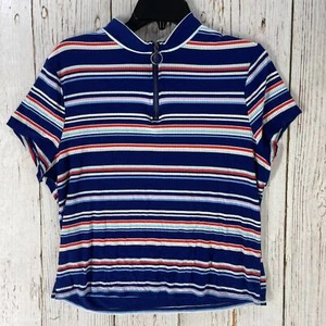No Boundaries Top Women Plus 3X Blue Striped Ribbed Mock Neck Retro Short Sleeve - Picture 1 of 6