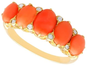 Antique 3.82ct Coral and 0.16ct Diamond, 18ct Yellow Gold Five Stone Ring - Picture 1 of 11