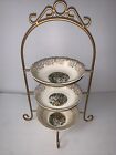 Vintage Three -Tiered Gold Metal Tray Island Buffet & 3 22K Royal Queen Plates
