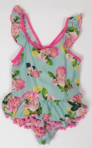 Betsey Johnson Girls Floral Pink Pompon One Piece Swimsuit Size 6 Good Condition - Picture 1 of 5