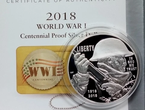 2018 $1 World War 1 Centennial Proof Silver Dollar with Box and Coa Item #866 Cover