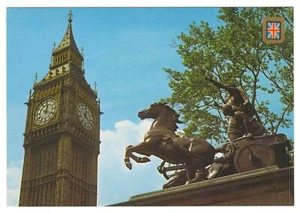 London Big Ben und Boadicea Statue unbesendet Vintage Postkarte Großbritannien FISA - Bild 1 von 2