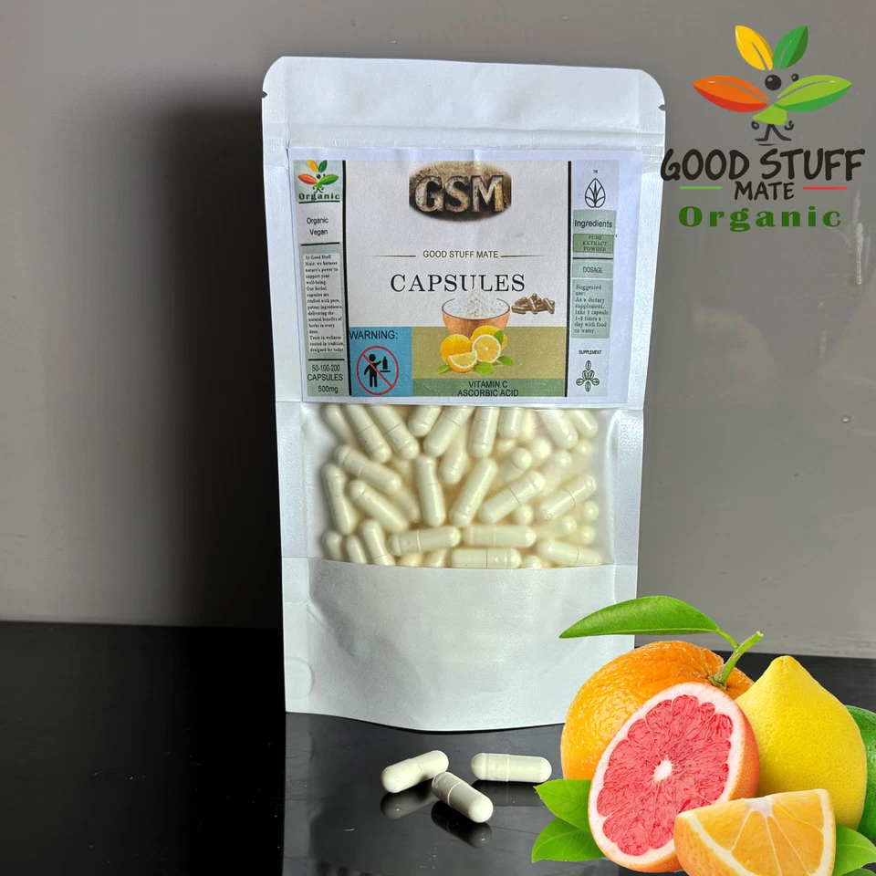 L- Ascorbic Acid Capsules ORGANIC Vegan Vitamin C 500mg 100% Pure 50 - 100 - 200 - Image 1 of 1