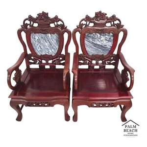 Mid Century Chinese Asian Rosewood & Marble Armchairs - A Pair - Picture 1 of 13