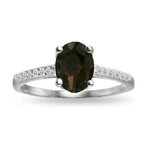 925 Sterling Silver Oval Smoky Quartz White Topaz Women Wedding Crown Ring - Picture 1 of 4