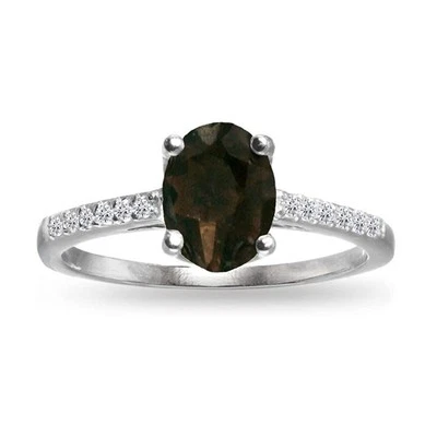 925 Sterling Silver Oval Smoky Quartz White Topaz Women Wedding Crown Ring - Image 1 of 4