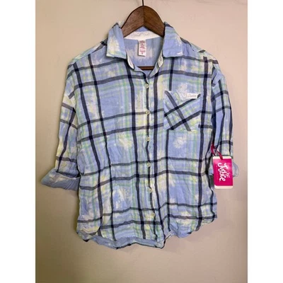 Justice девочек клетку рубашка на пуговицах размер 12/14 синий зеленый длинным рукавом с Ярлыками - Изображение 1 из 3