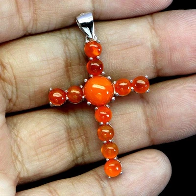 Colgante de plata de ley 925 redondo ópalo naranja 7 mm cruz piedras preciosas naturales joyería Foto 1 de 4