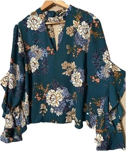 Timing Top M Cute Green Floral Ruffle Sleeve Keyhole Bust Silky Fairycore Shirt - Picture 1 of 6