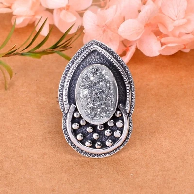 Silver Titanium Agate Drusy Gemstone Solid 925 Sterling Silver Dainty Ring V2723 - Image 1 of 4