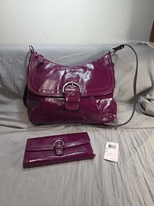 COACH SOHO Plum Patent Leather Hobo Crossbody Shoulder Handbag F19709/ Wallet - Picture 1 of 24