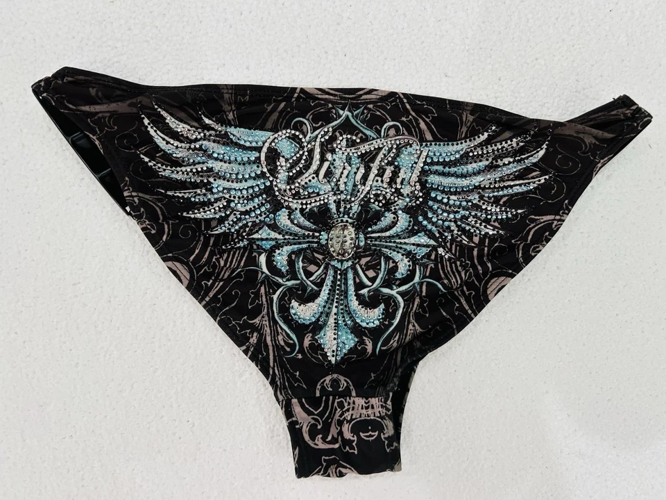 Y2K Sinful By Affliction 游泳裤棕色绿松石水钻垃圾桶尺寸 M — 第 1/4 张图片