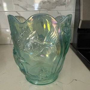 Vintage Fenton Atlantis Vase Green Sea Mist Opalescent Iridized Koi Fish - Picture 1 of 8