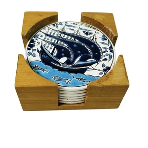 Juego de 6 posavasos de azulejos de cerámica Nassos azul blanco barcos hechos a mano Grecia Caddy - Imagen 1 de 9