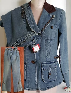 NWT  V VERY VERA Jean Pants Set Beaded Stones SZ Jacket XL/ Pants 10 Blue Cotton - Picture 1 of 12