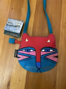 Laurel Burch - Blue Red Cat Face Small Crossbody Zipper Bag- NWT - Picture 1 of 8