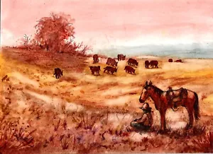 Vaquero sentado mirando su ganado, arte vaquero, arte occidental, pastoreo de ganado - Imagen 1 de 1