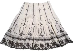 VTG Tahari Sz6 100% Cotton A-line Skirt Embroidered Lined Cream Brown Boho 28"W - Picture 1 of 11