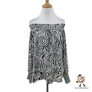 Milano Off Shoulder Top Womens S Small White Black Zebra Print Long Sleeve Smock - Picture 1 of 8