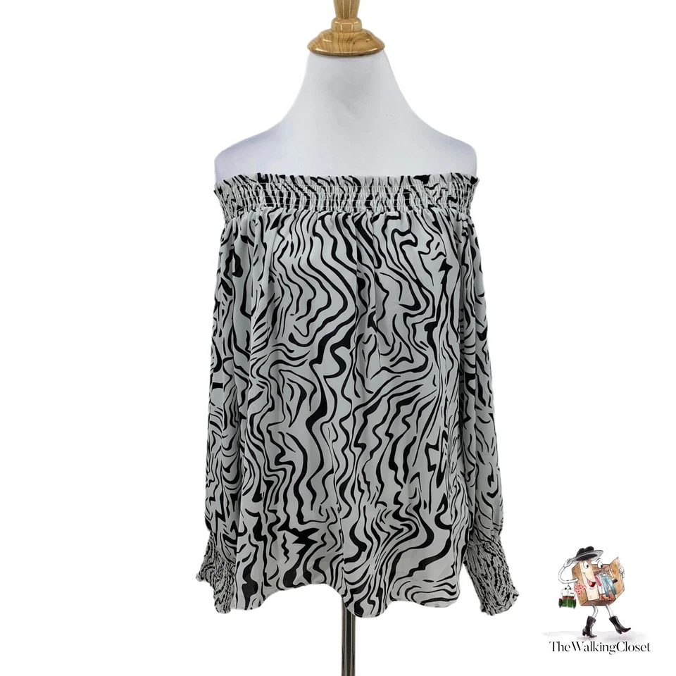 Milano Off Shoulder Top Womens S Small White Black Zebra Print Long Sleeve Smock - Изображение 1 из 4