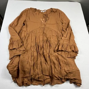 Young Fabulous & Broke Babydoll Rosa Mini Dress Brown Gypsy Long Sleeve SMALL - Picture 1 of 11