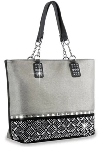 Pewter Bling Rhinestone Tote Glitter Shoulder Top Handle Large Capacity Handbag - Picture 1 of 2
