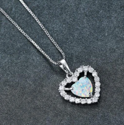 Love Sweet Gift Heart Cut White Fire Opal Zirconia Silver Necklace Pendants - Image 1 of 4