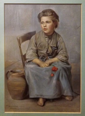 IMPORTANTE PINTURA 1896 FRANK TOWNSEND HUTCHENS 1869-1937 DE "POBRE NIÑA DE LAS FLORES" Foto 1 de 4