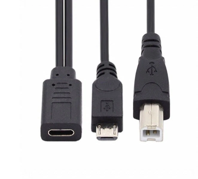 USB-C Female to Micro-USB + USB-B Male Charging Y-Splitter Cable 0.3m - Image 1 of 4