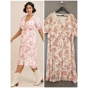 Torrid Swiss Linen Surplice Midi Dress 2X Cream Soft Pink Floral Faux Wrap Lined - Picture 1 of 15