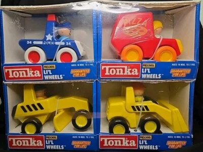 TONKA MY L'IL WHEELS SET OF 4 W/ FIGURES - POLICE CAR, PIZZA DEL LIL, TRACTORS - Image 1 of 4
