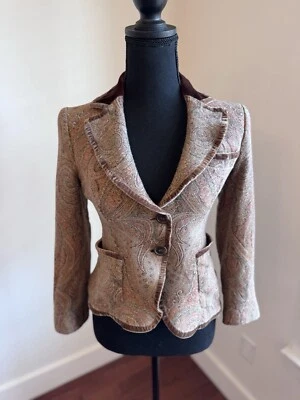 XS P женщин ETRO Milano пейсли коричневый бархат воротник отделки кнопка блейзер обивка - Изображение 1 из 4