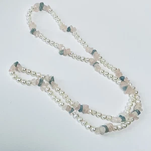 Aquamarine, Pink Quartz and Pearl Beaded Necklace 14" Long Vintage Style 2000s - Picture 1 of 6