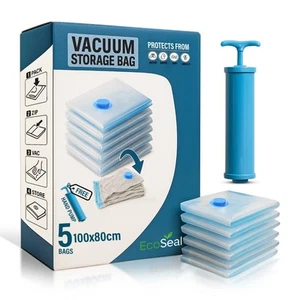 Paquete de 5 bolsas de almacenamiento al vacío EcoSeal (100x80 cm) reutilizables para ahorrar espacio con PU manual - Imagen 1 de 12