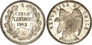 Chile 5 Centavos 1913 So KM# 155.2a Without dot below 1 Silver Coin UNC - Picture 1 of 1